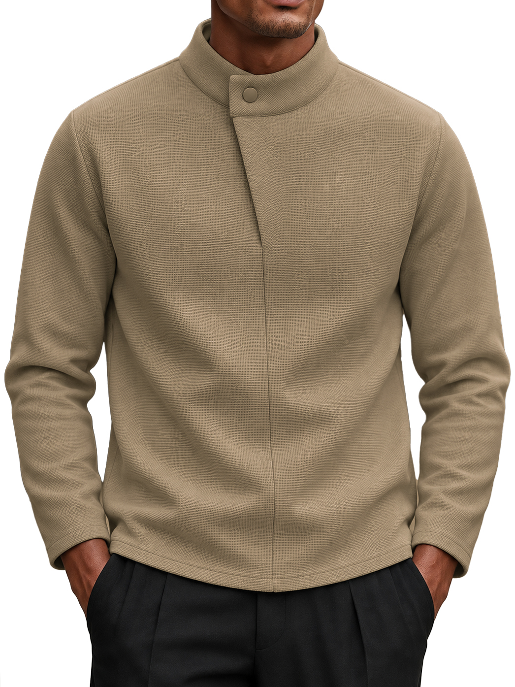 Men's New Autumn and Winter One-Button Semi-High Neck Long Sleeve T-Shirt