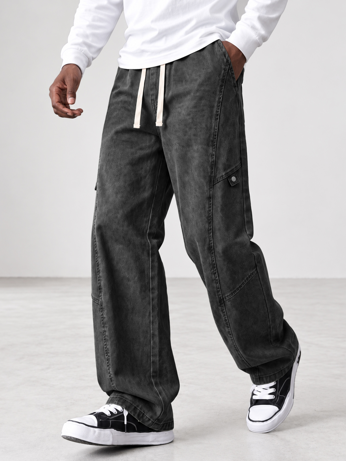 Men's 100% Cotton Vintage-Washed Straight-Leg Pants with Seam Detailing