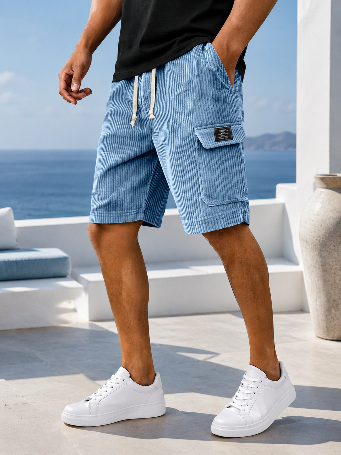 Men's Retro Embroidered Logo Corduroy Multi Pocket Cargo Shorts