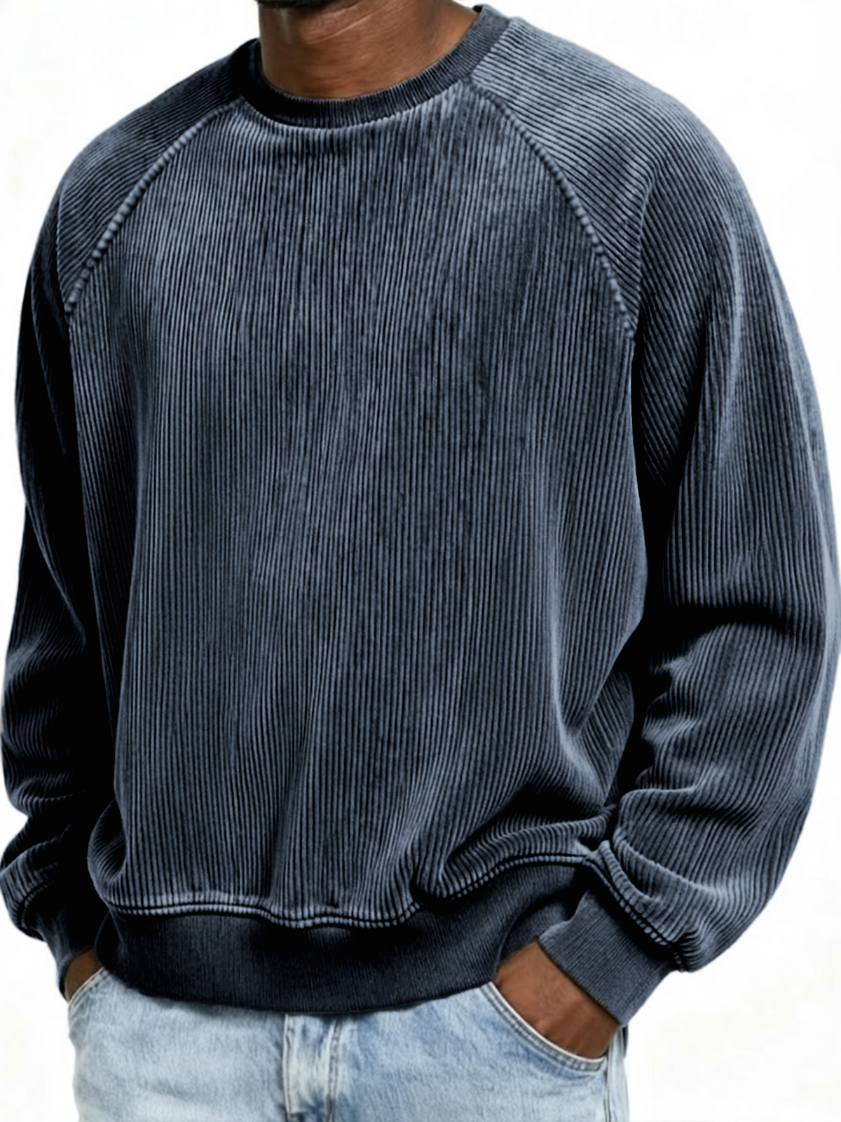 Men's Simple Corduroy Ribbed Raglan Sleeve Crew Neck Pullover Sweatshirt
