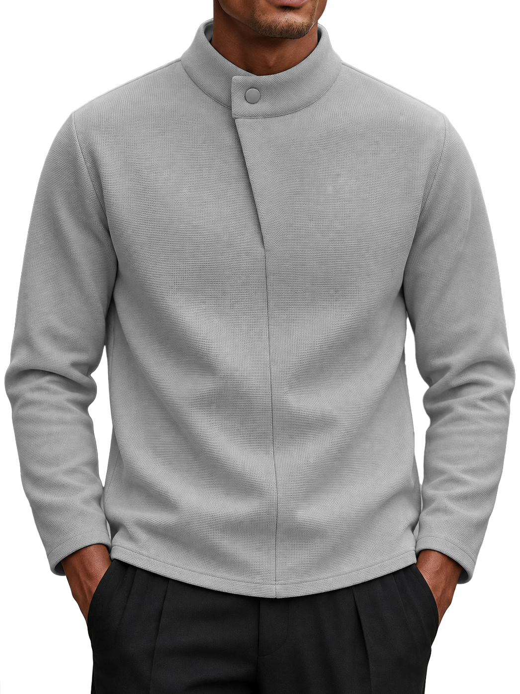 Men's New Autumn and Winter One-Button Semi-High Neck Long Sleeve T-Shirt