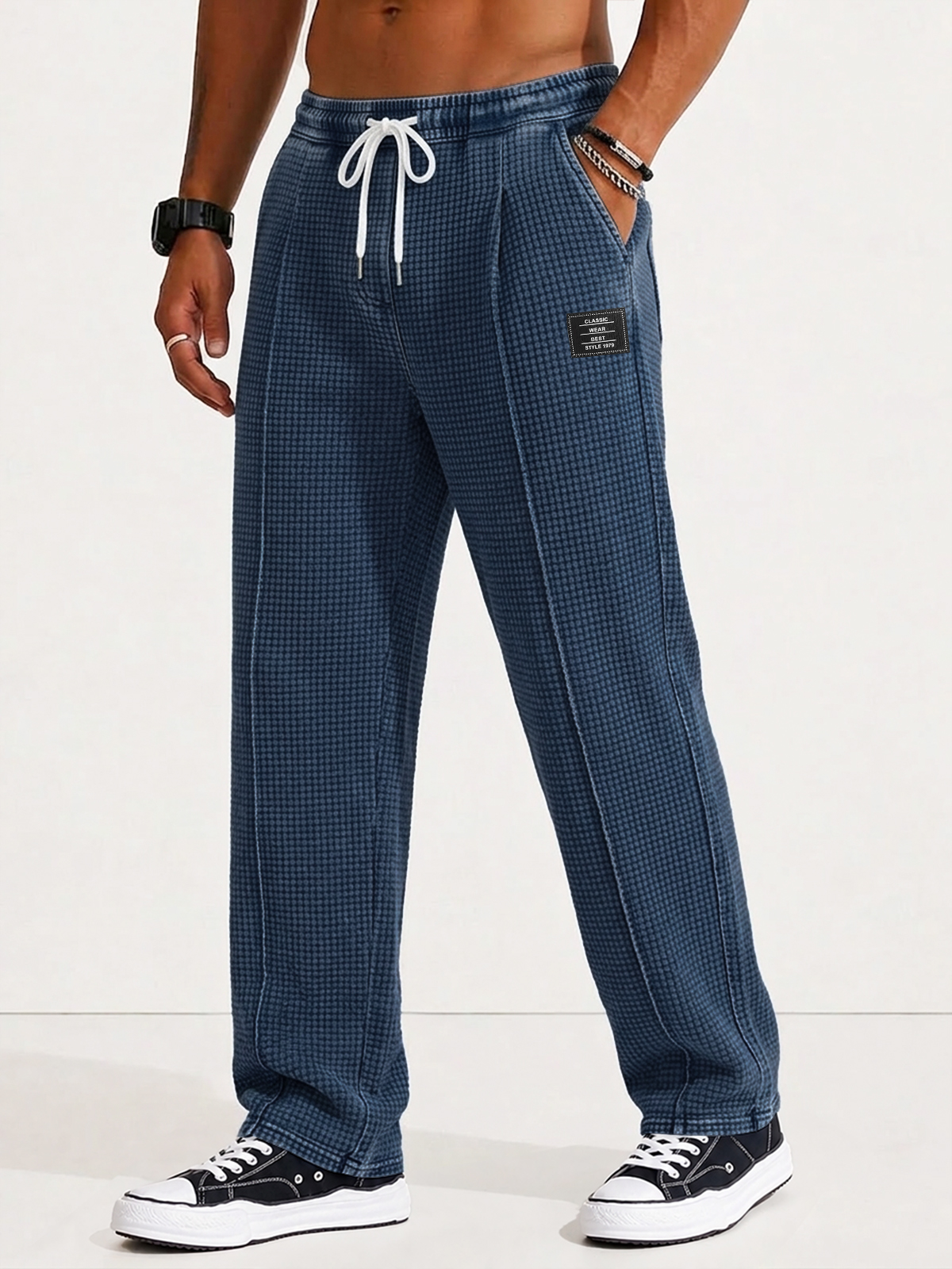 Men's Retro Distressed Waffle Knit Loose Casual Straight Leg Pants