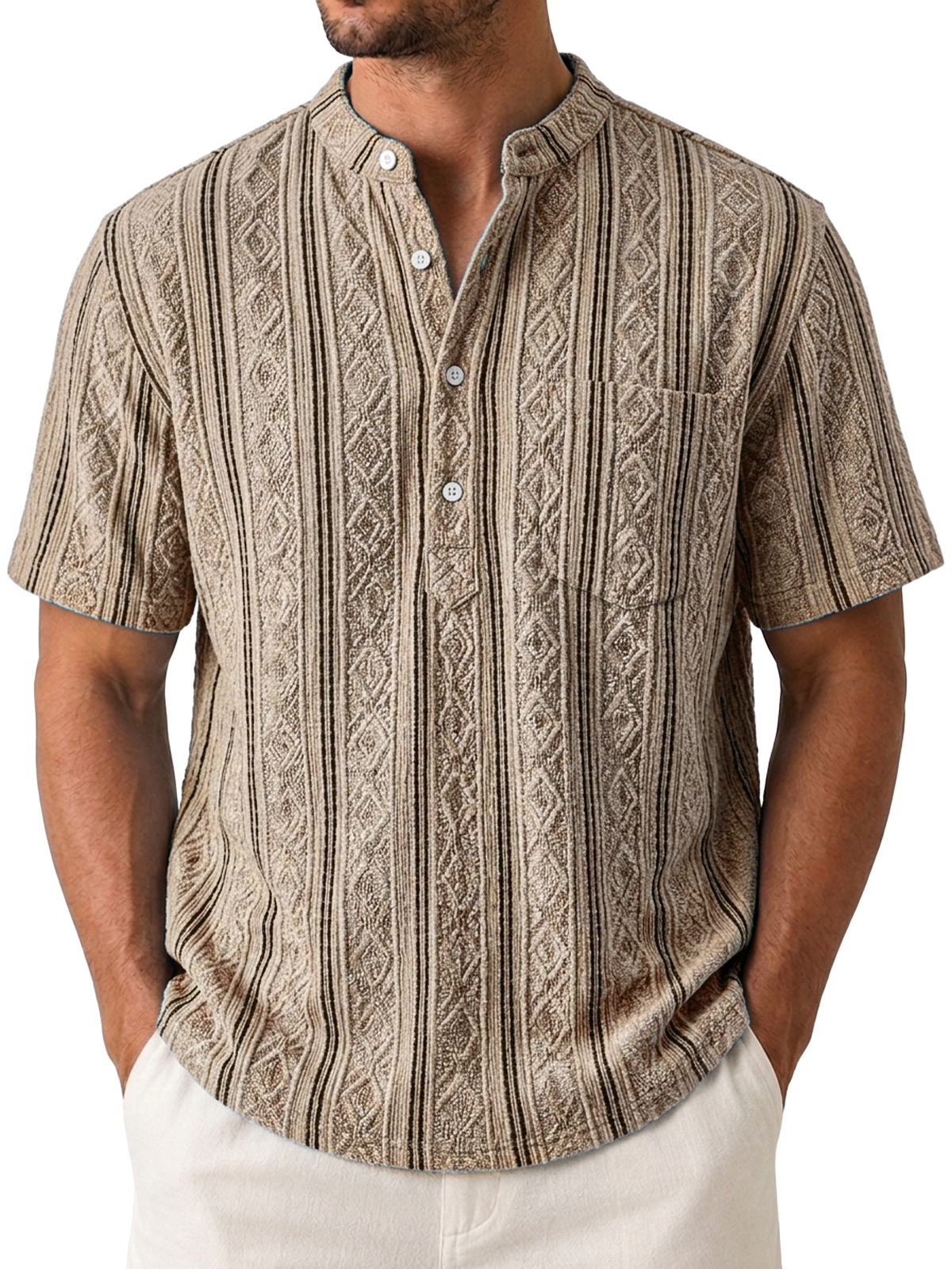 Men's Casual Jacquard Textured Breathable Short Sleeve Henley Shirt