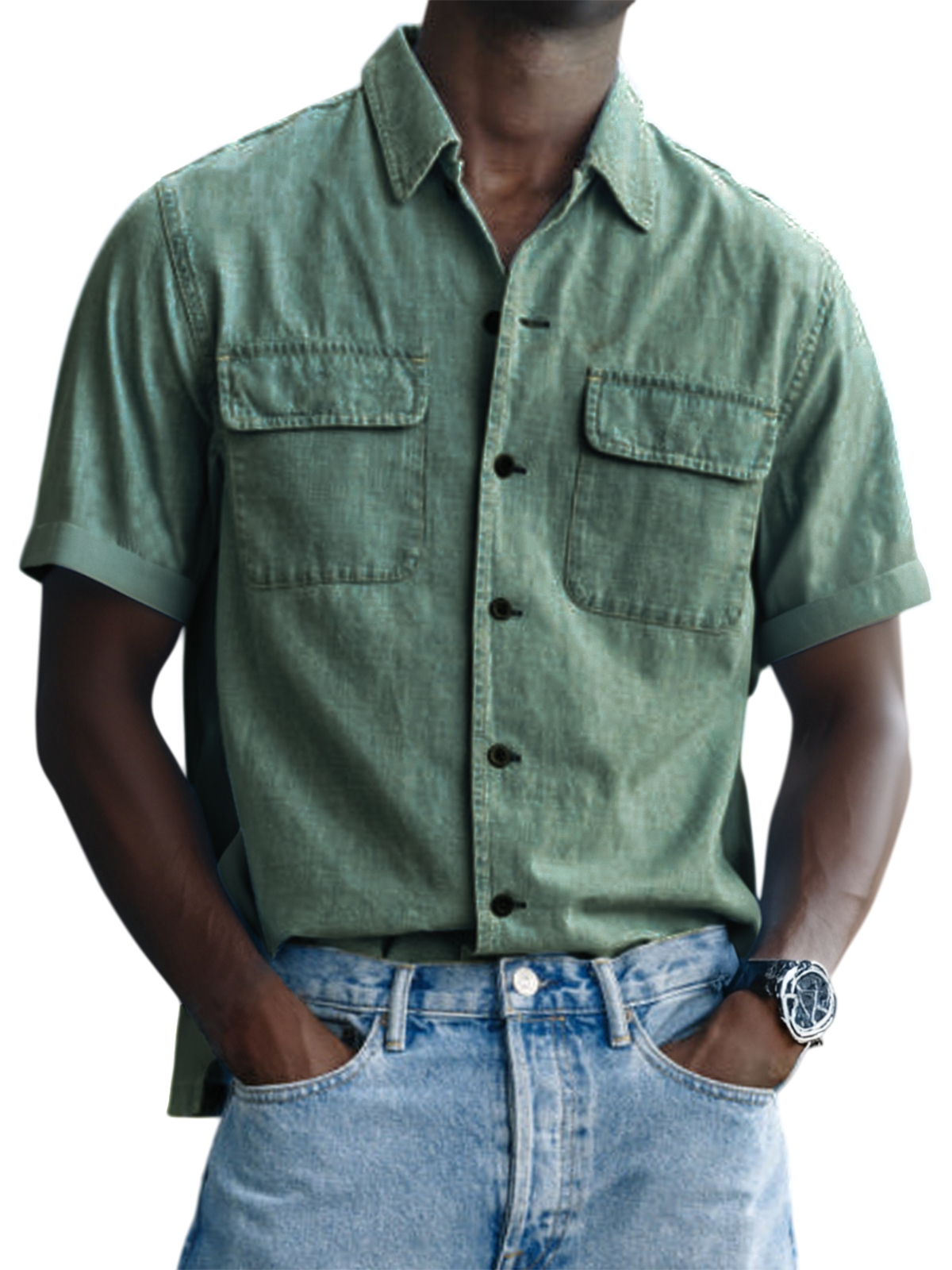 Men's Vintage Utility Double Pocket Button Down Short Sleeve Shirt