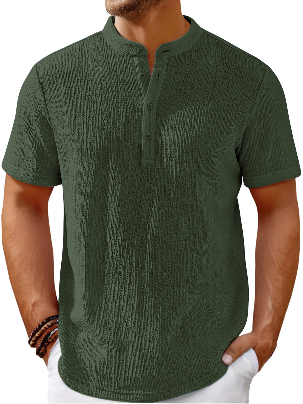 Men's Vintage Cotton and Linen Striped Henley Casual Loose Shirt