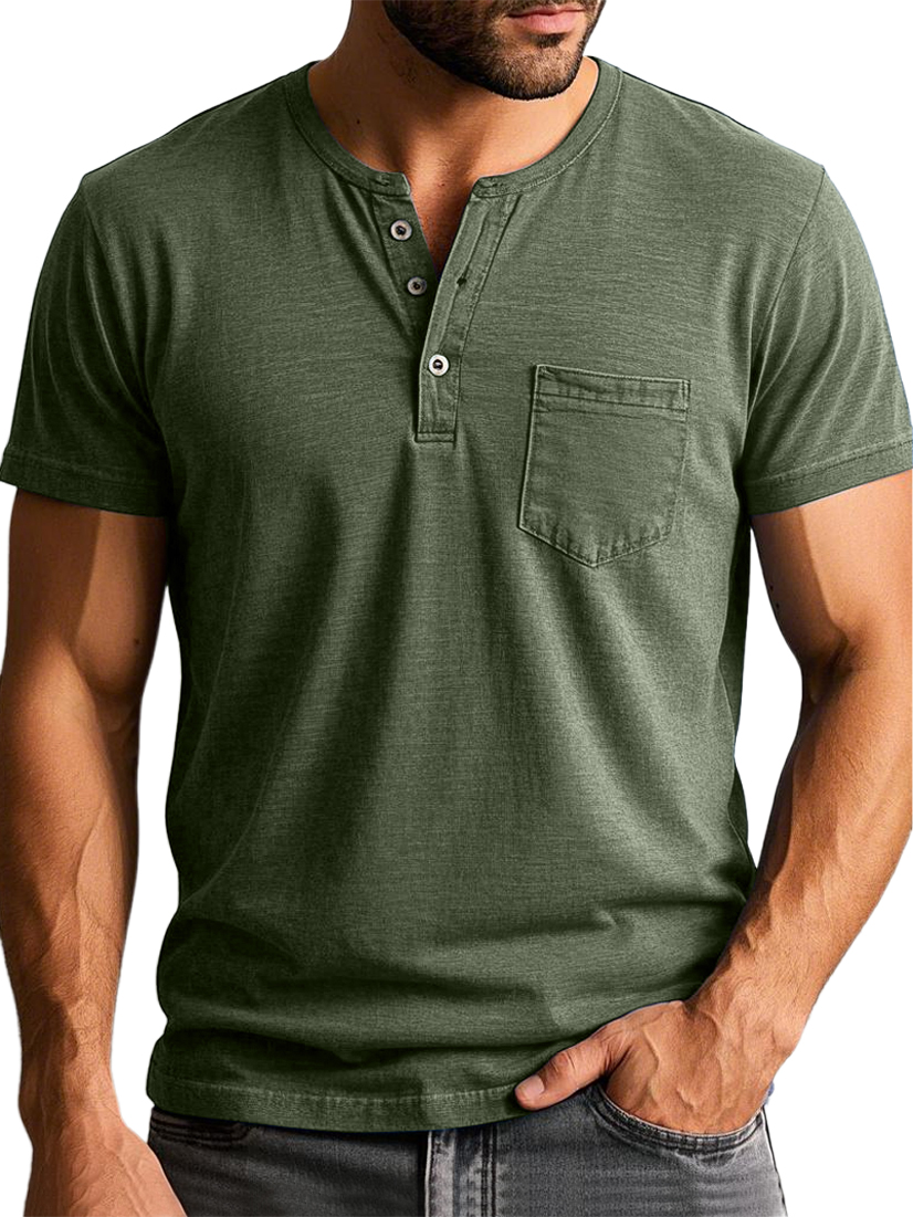 Men's Vintage Henley Collar Pocket Short Sleeve Casual T-shirt