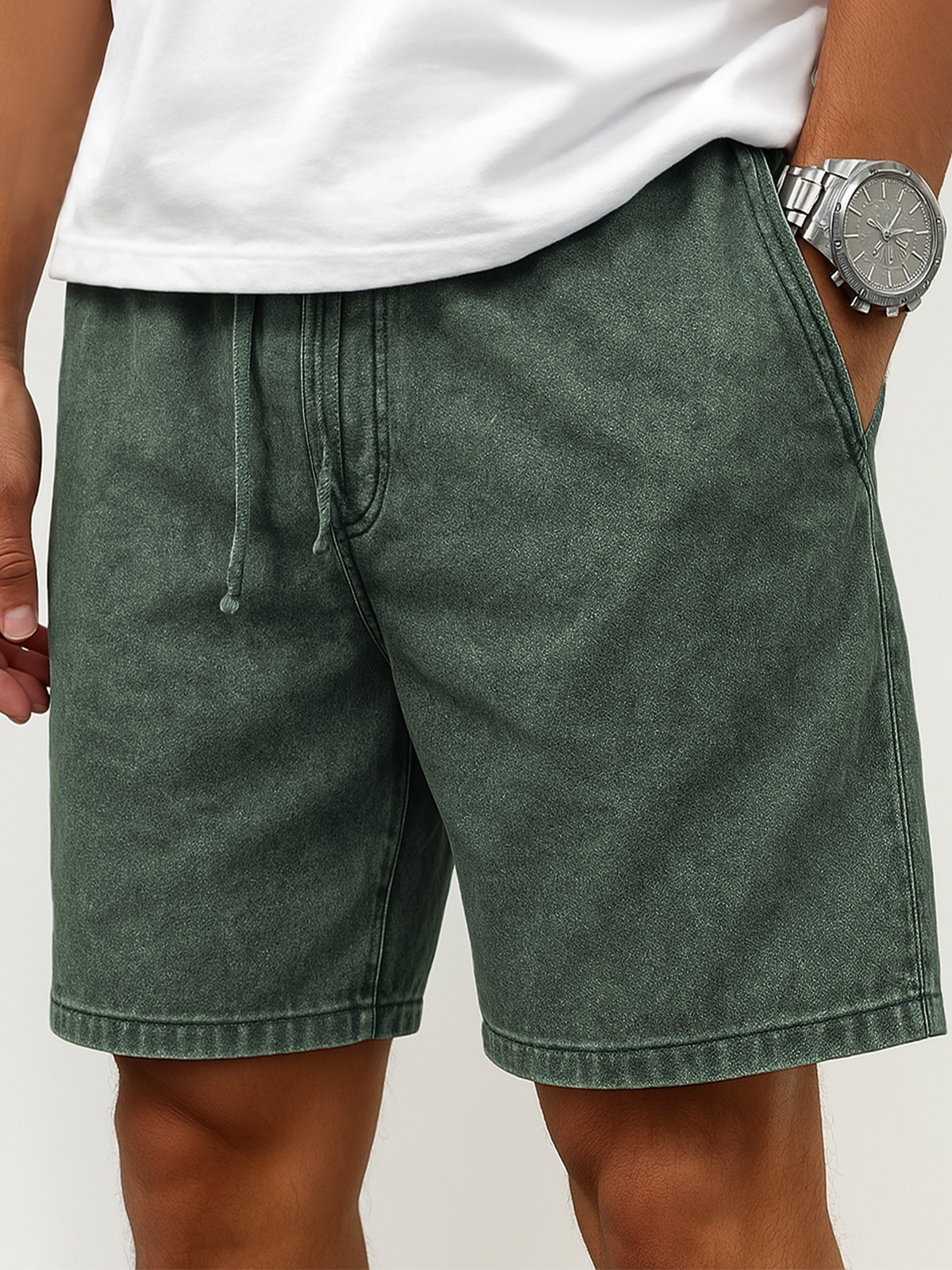 Men's Stylish Washed Lace-Up Casual Cropped Shorts with Side Pockets