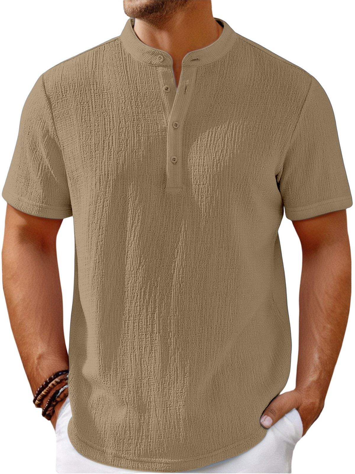 Men's Vintage Cotton and Linen Striped Henley Casual Loose Shirt