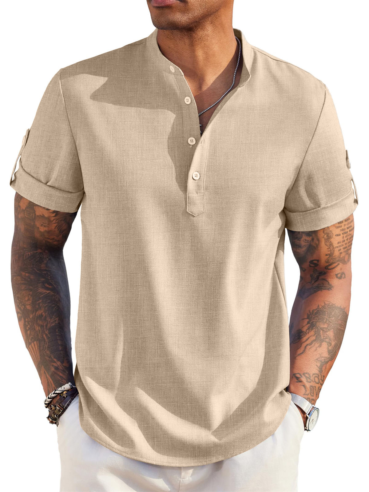 Men's Cotton And Linen Stand Collar Basic Casual Short-sleeved Shirt