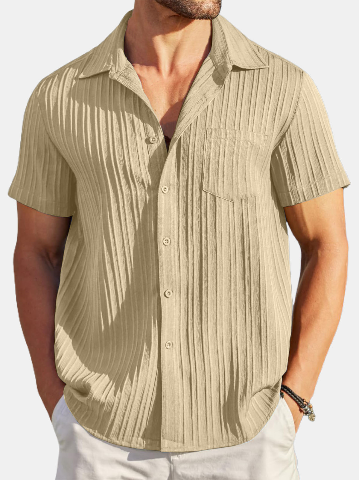 Men's Striped Texture Cotton And Linen Simple Casual Pocket Short-sleeved Shirt