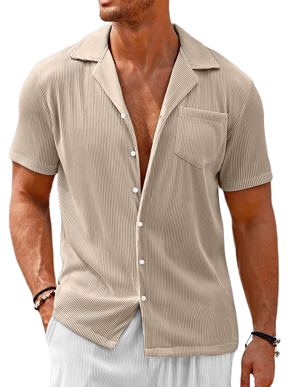 Men's Cuban Collar Pocket Solid Color Vertical Striped Pocket Short-sleeved Shirt