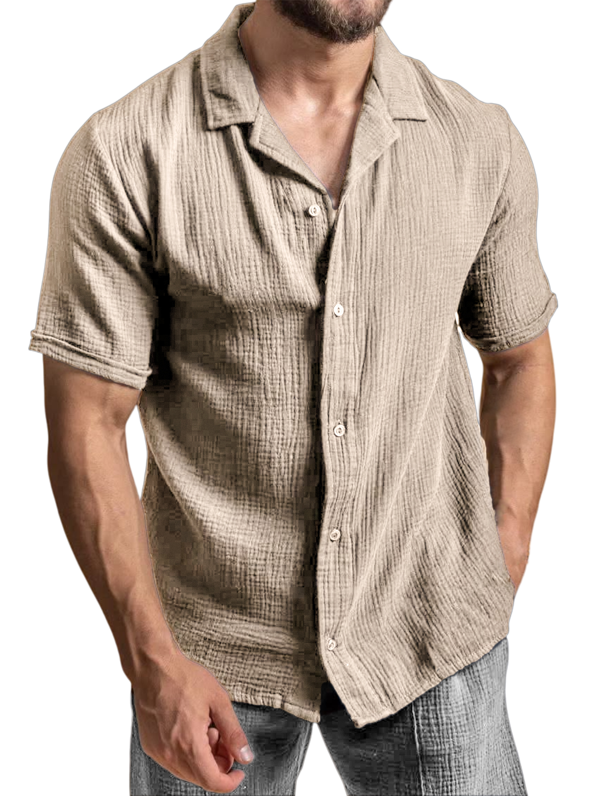 Men's Casual Camp Collar Crepe Button Short Sleeve Shirt