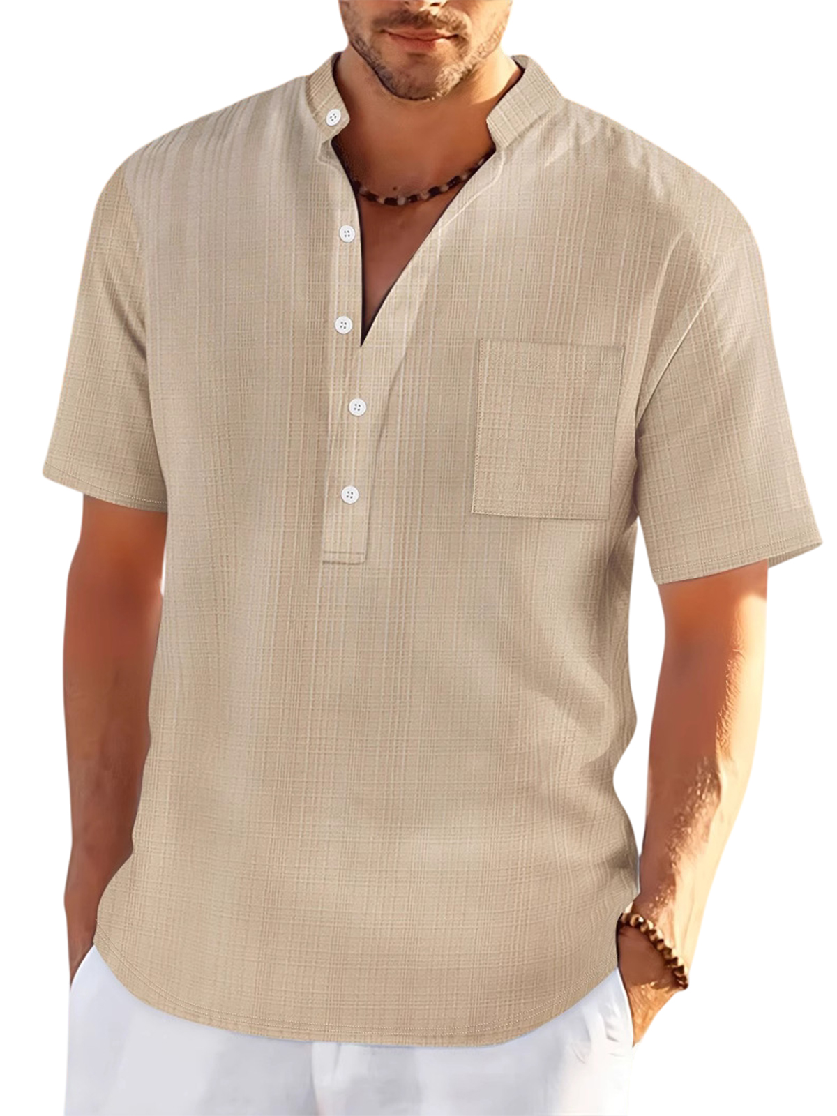 Men's Linen Stand Collar Loose Casual Jacquard Short Sleeve Henley Shirt