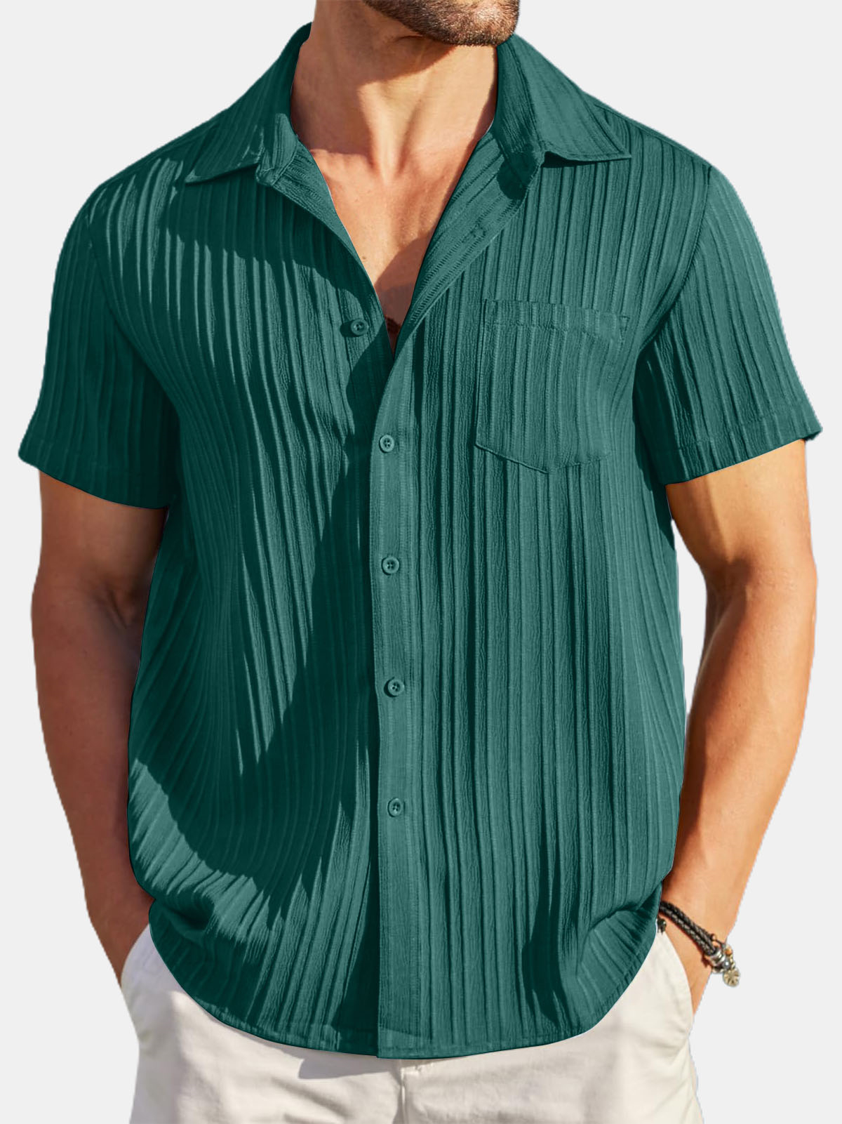 Men's Striped Texture Cotton And Linen Simple Casual Pocket Short-sleeved Shirt