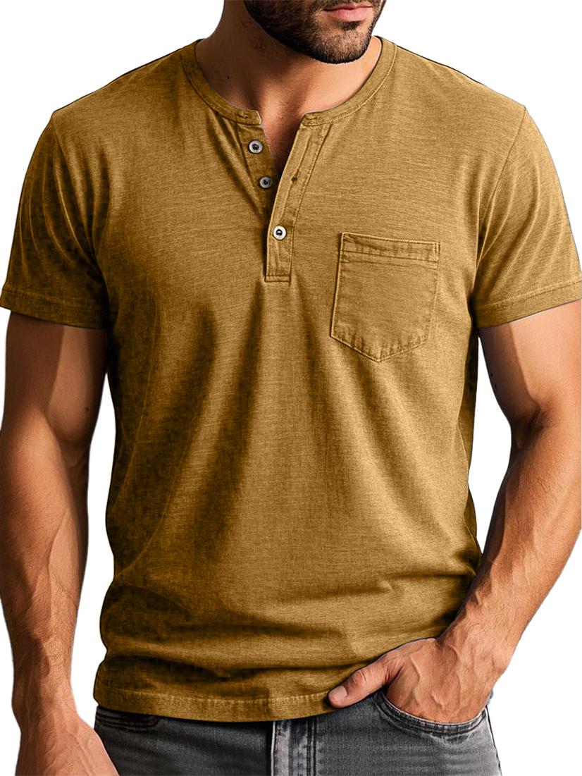 Men's Vintage Henley Collar Pocket Short Sleeve Casual T-shirt