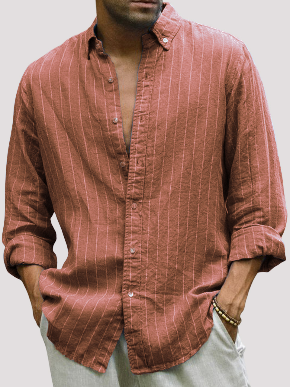 Men's Casual Cotton Striped Basic Solid Color Lapel Long Sleeve Shirt