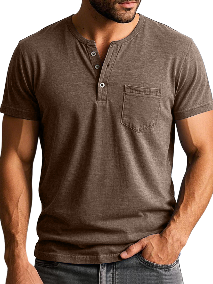 Men's Vintage Henley Collar Pocket Short Sleeve Casual T-shirt