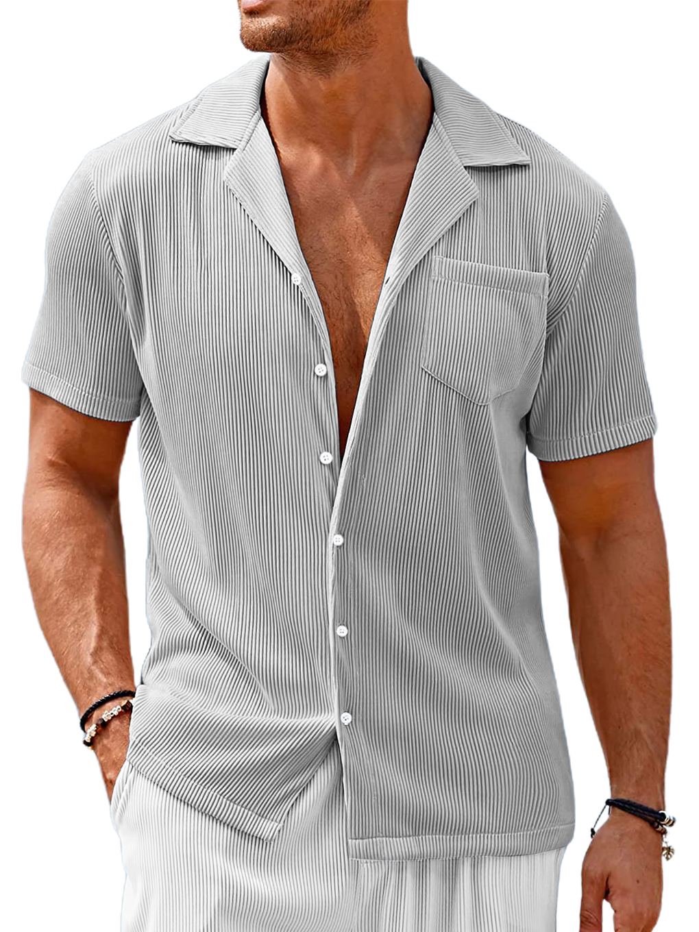 Men's Cuban Collar Pocket Solid Color Vertical Striped Pocket Short-sleeved Shirt
