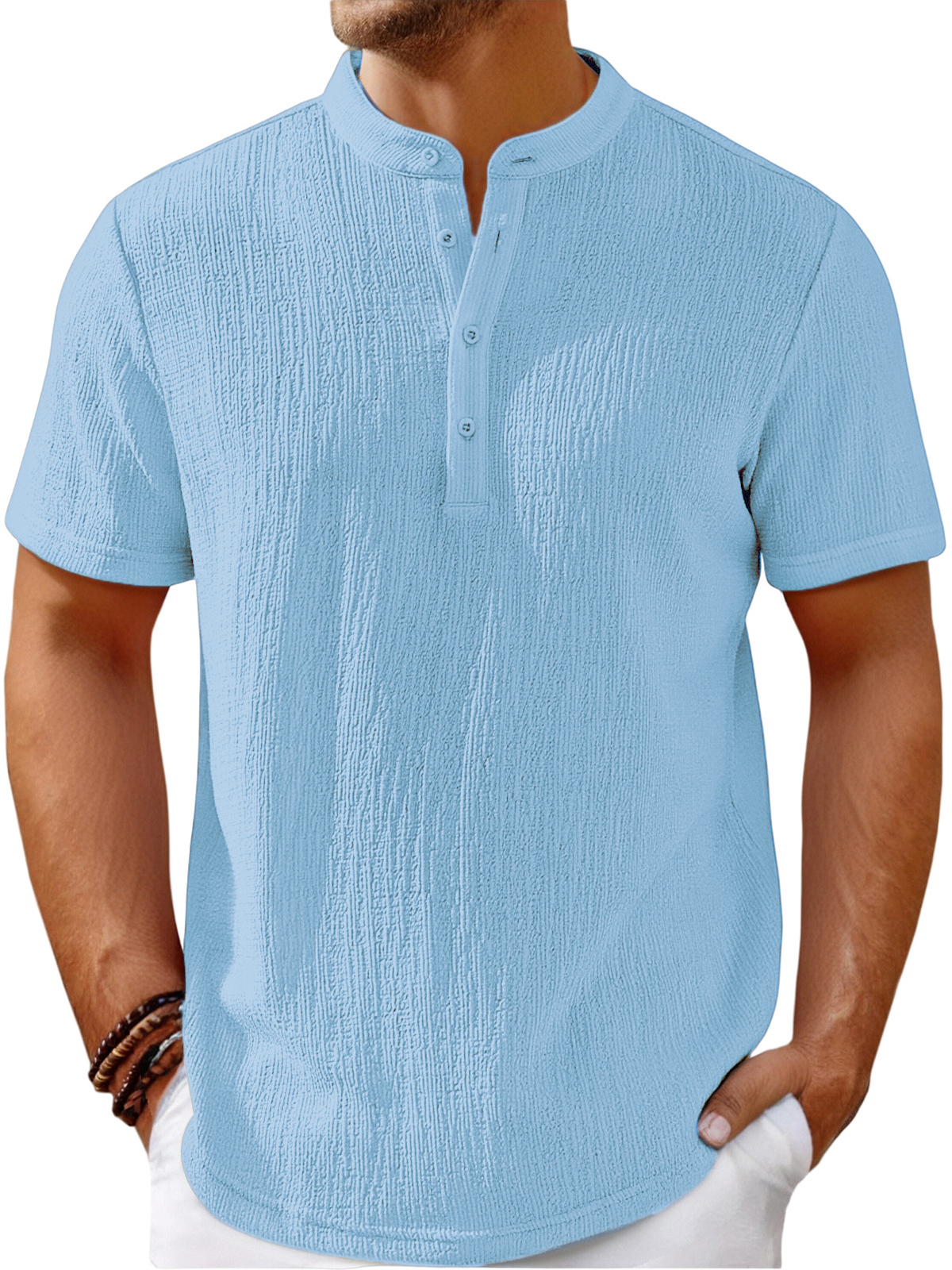 Men's Vintage Cotton and Linen Striped Henley Casual Loose Shirt