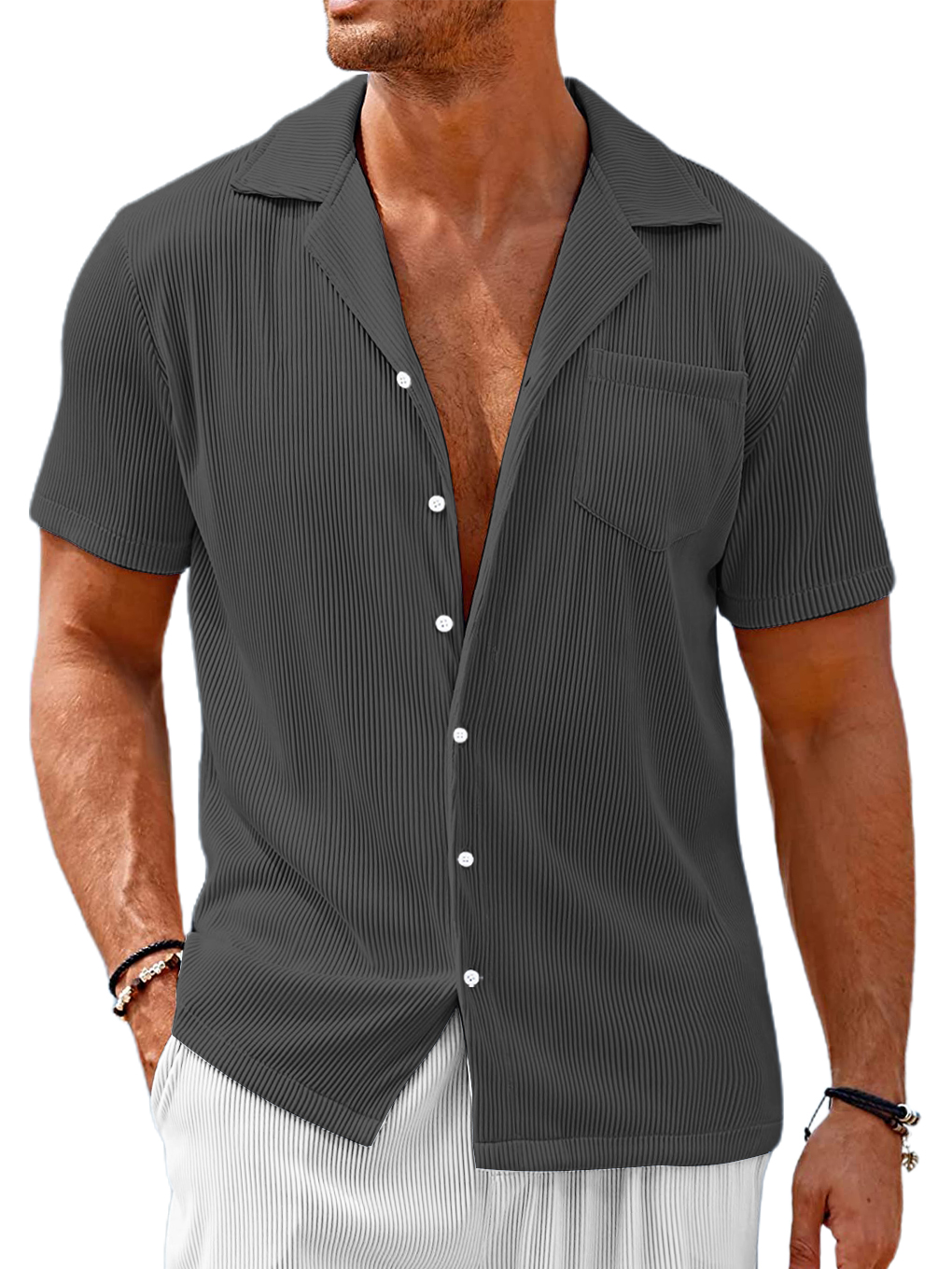 Men's Cuban Collar Pocket Solid Color Vertical Striped Pocket Short-sleeved Shirt