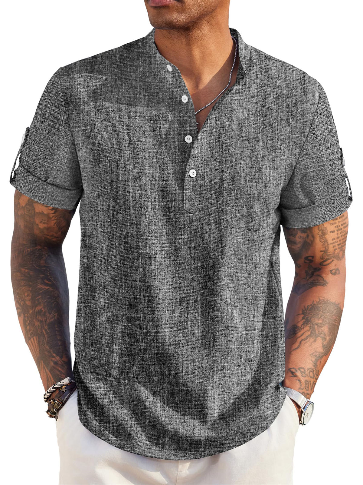 Men's Cotton And Linen Stand Collar Basic Casual Short-sleeved Shirt