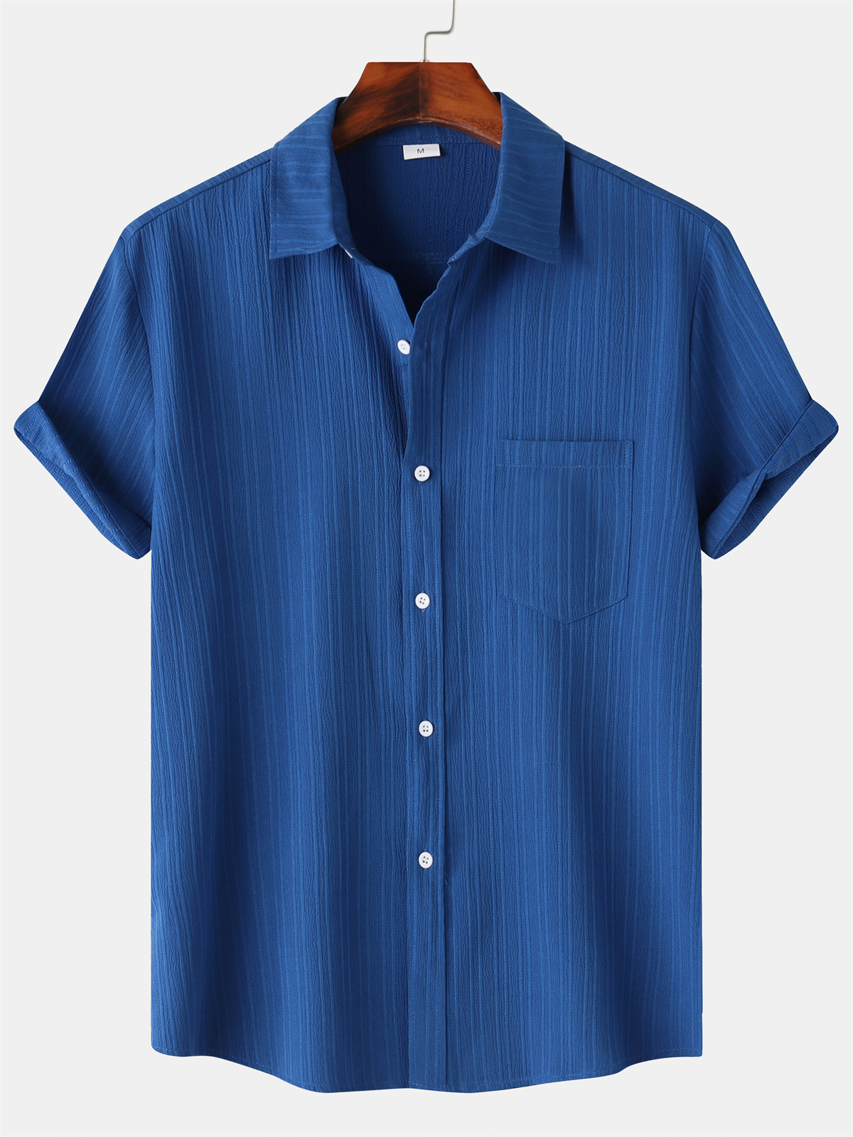 Men's Striped Texture Cotton And Linen Simple Casual Pocket Short-sleeved Shirt