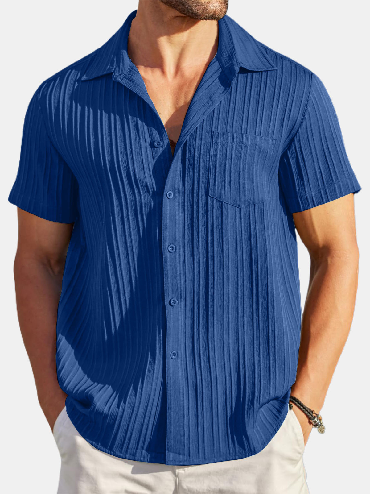 Men's Striped Texture Cotton And Linen Simple Casual Pocket Short-sleeved Shirt