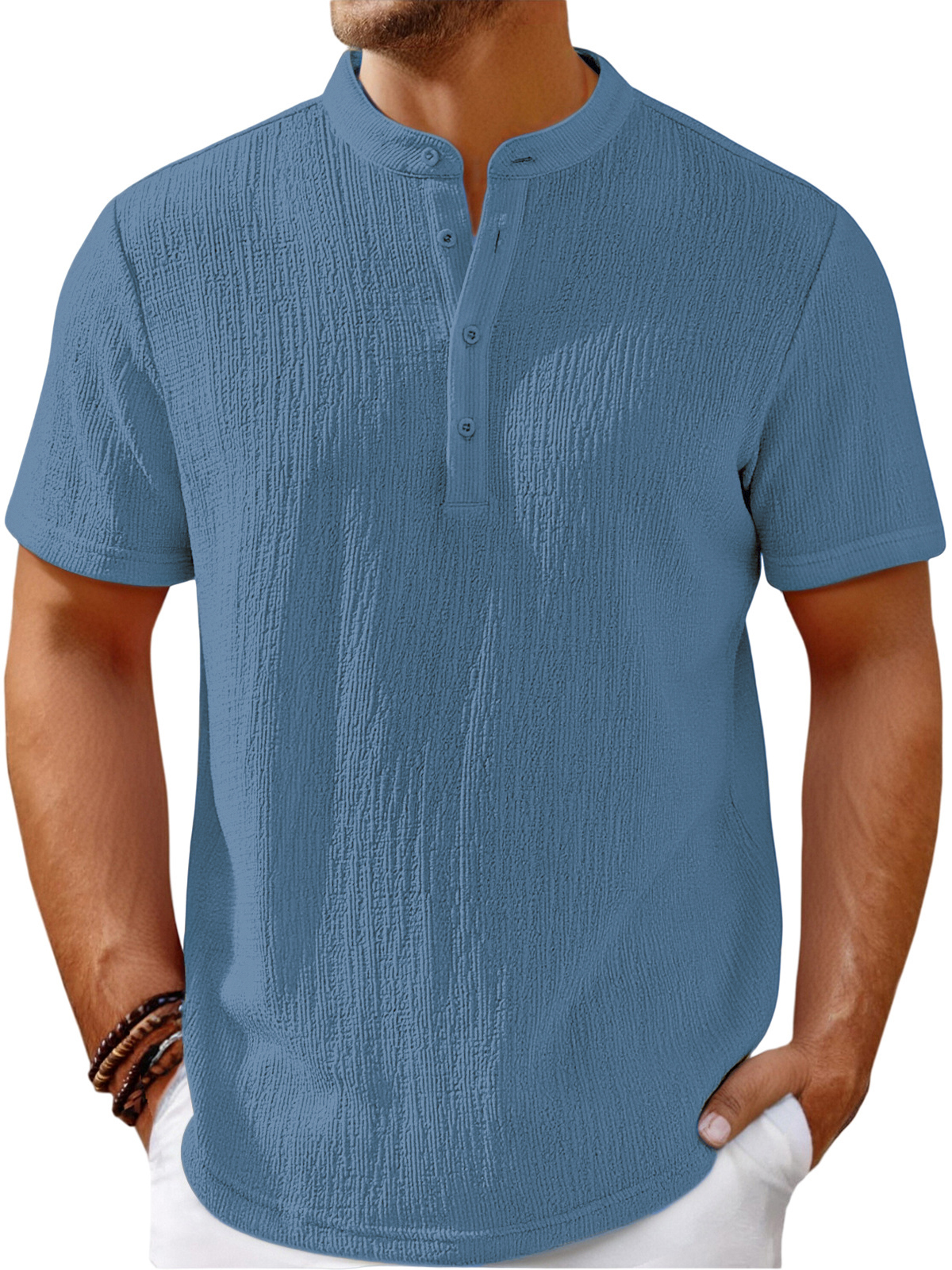 Men's Vintage Cotton and Linen Striped Henley Casual Loose Shirt