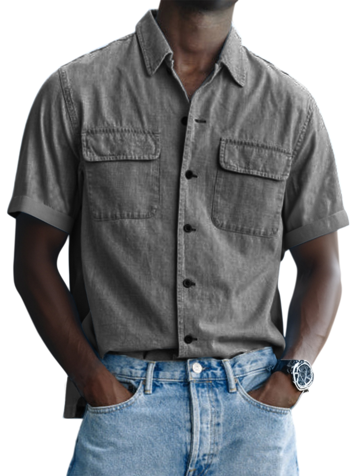 Men's Vintage Utility Double Pocket Button Down Short Sleeve Shirt