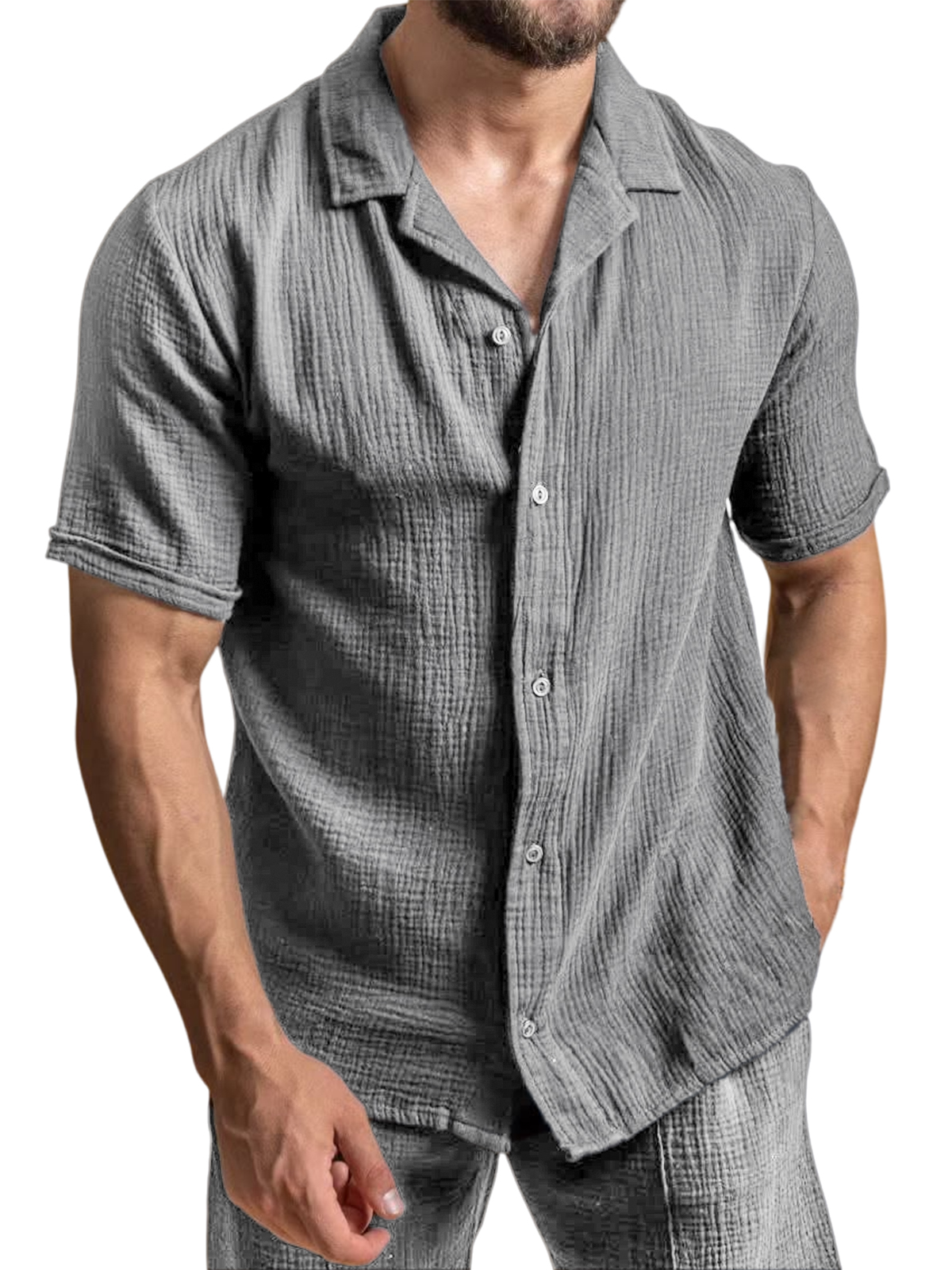 Men's Casual Camp Collar Crepe Button Short Sleeve Shirt