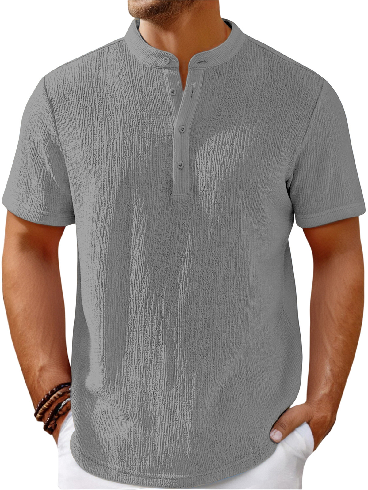Men's Vintage Cotton and Linen Striped Henley Casual Loose Shirt
