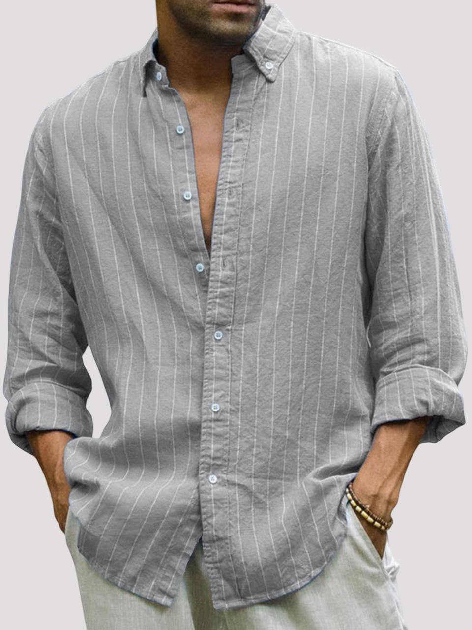 Men's Casual Cotton Striped Basic Solid Color Lapel Long Sleeve Shirt