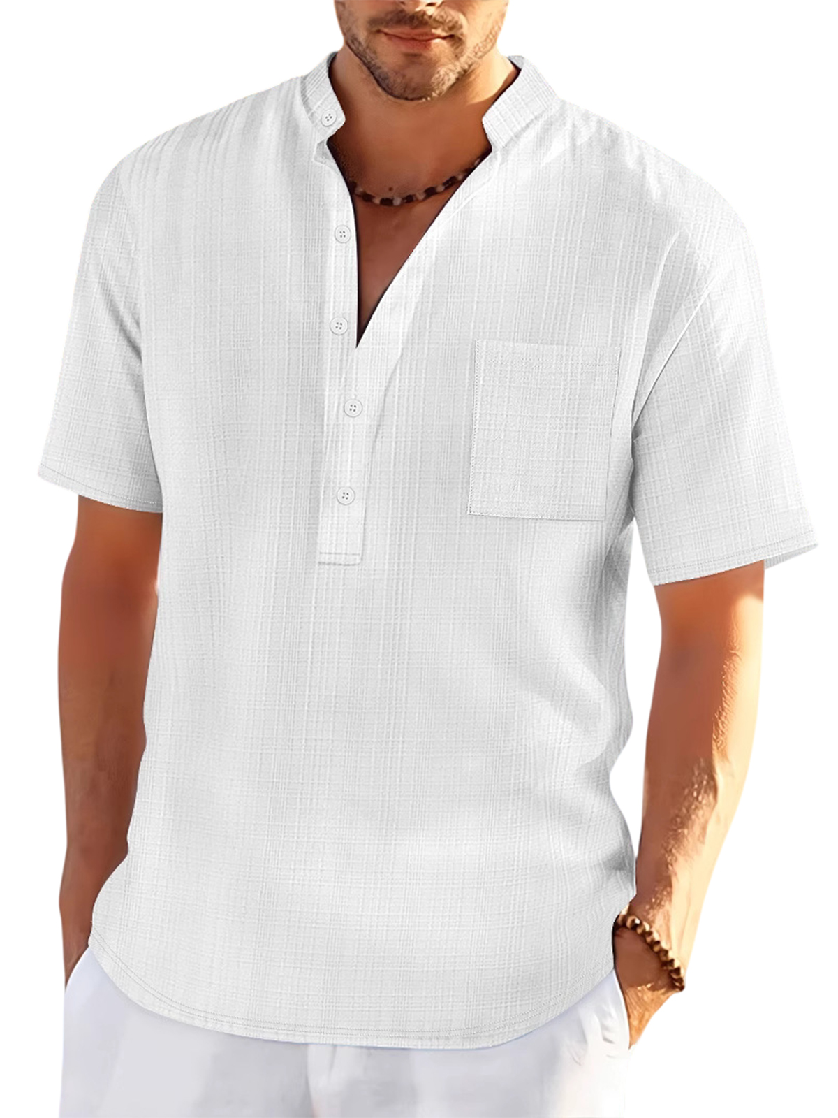 Men's Linen Stand Collar Loose Casual Jacquard Short Sleeve Henley Shirt