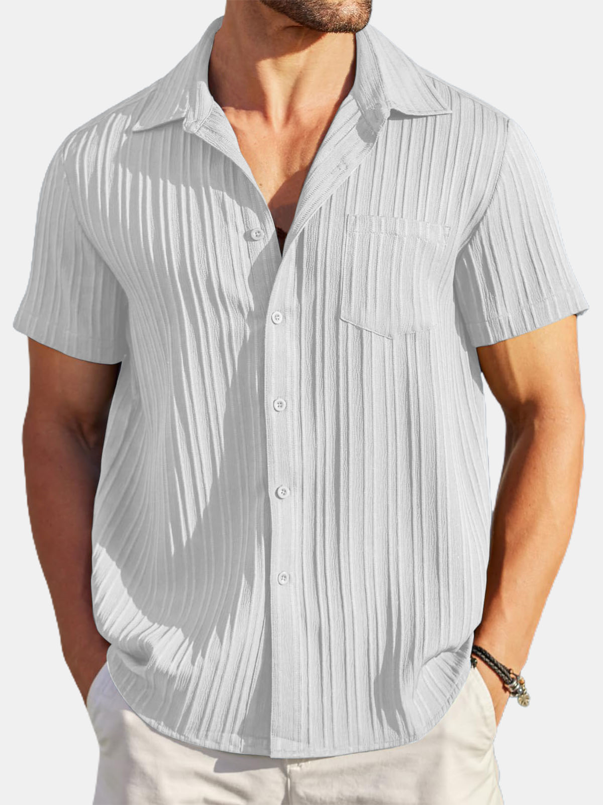 Men's Striped Texture Cotton And Linen Simple Casual Pocket Short-sleeved Shirt