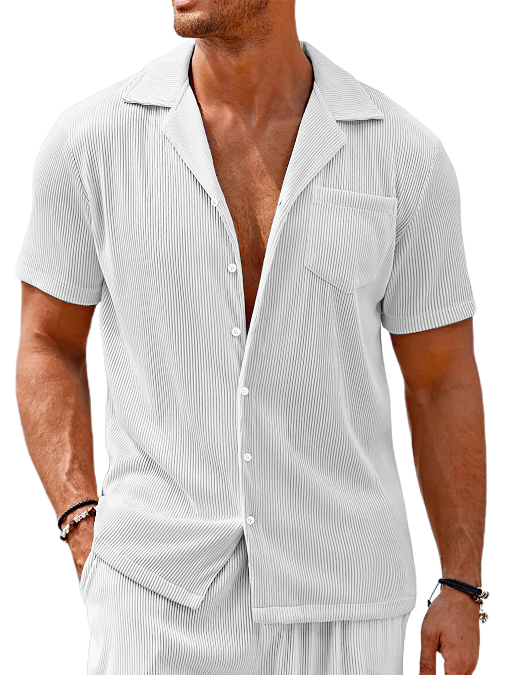 Men's Cuban Collar Pocket Solid Color Vertical Striped Pocket Short-sleeved Shirt