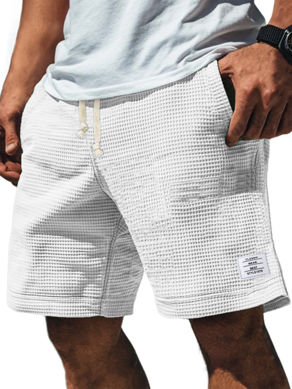 Men's Soft Waffle Simple Embroidered Logo Stylish Lace Up Everyday Casual Shorts