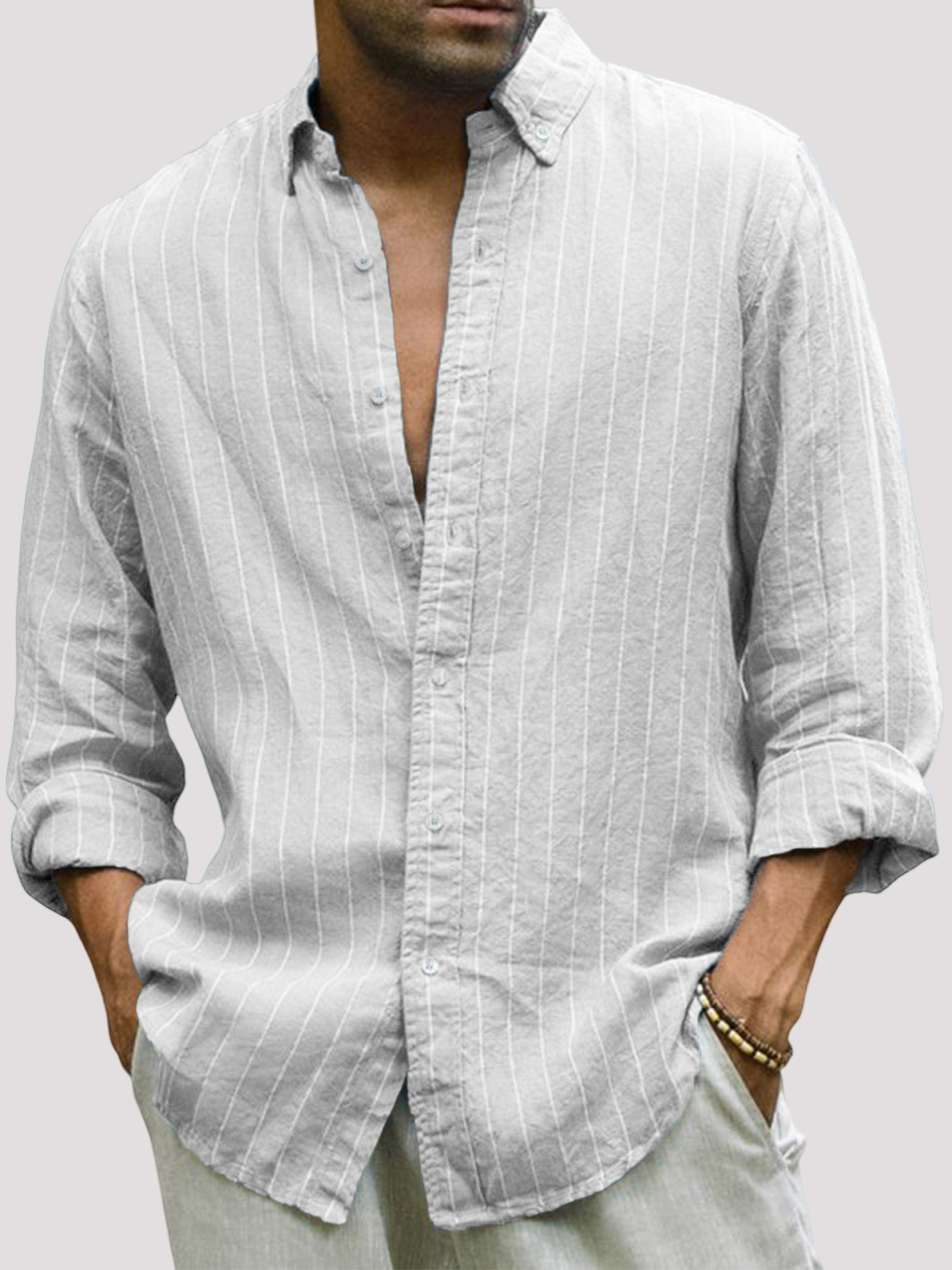 Men's Casual Cotton Striped Basic Solid Color Lapel Long Sleeve Shirt