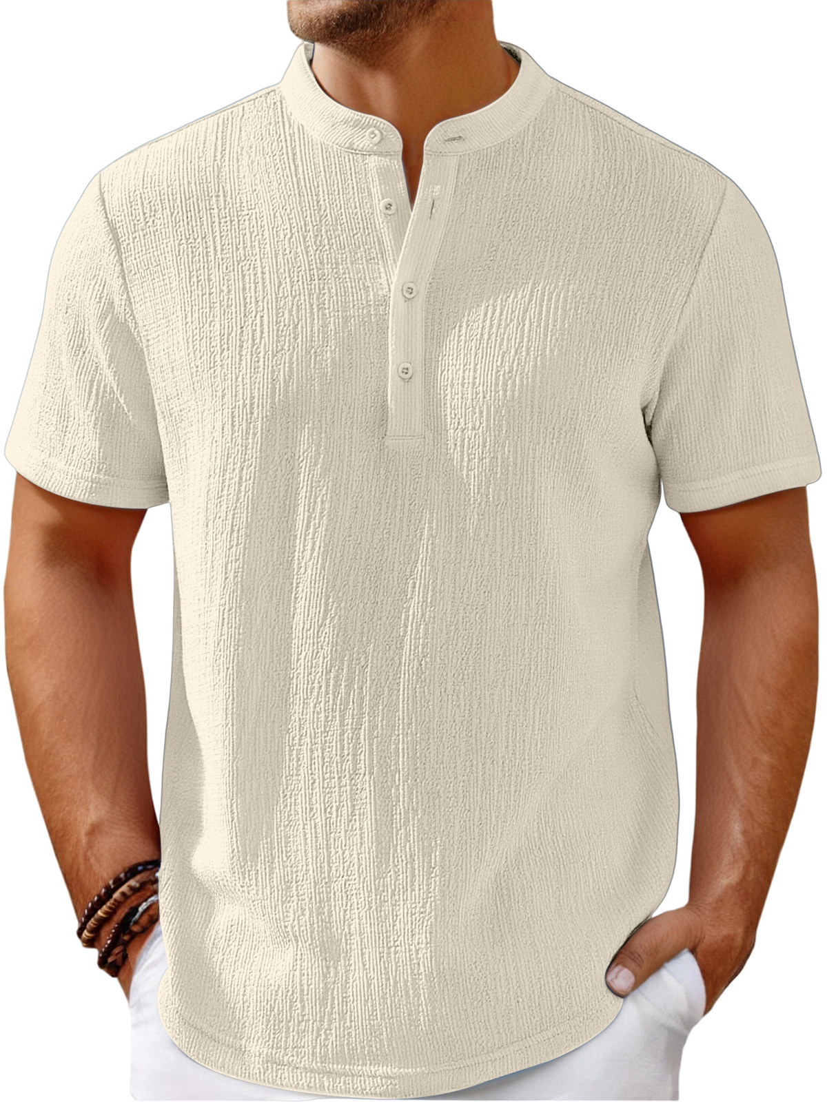 Men's Vintage Cotton and Linen Striped Henley Casual Loose Shirt