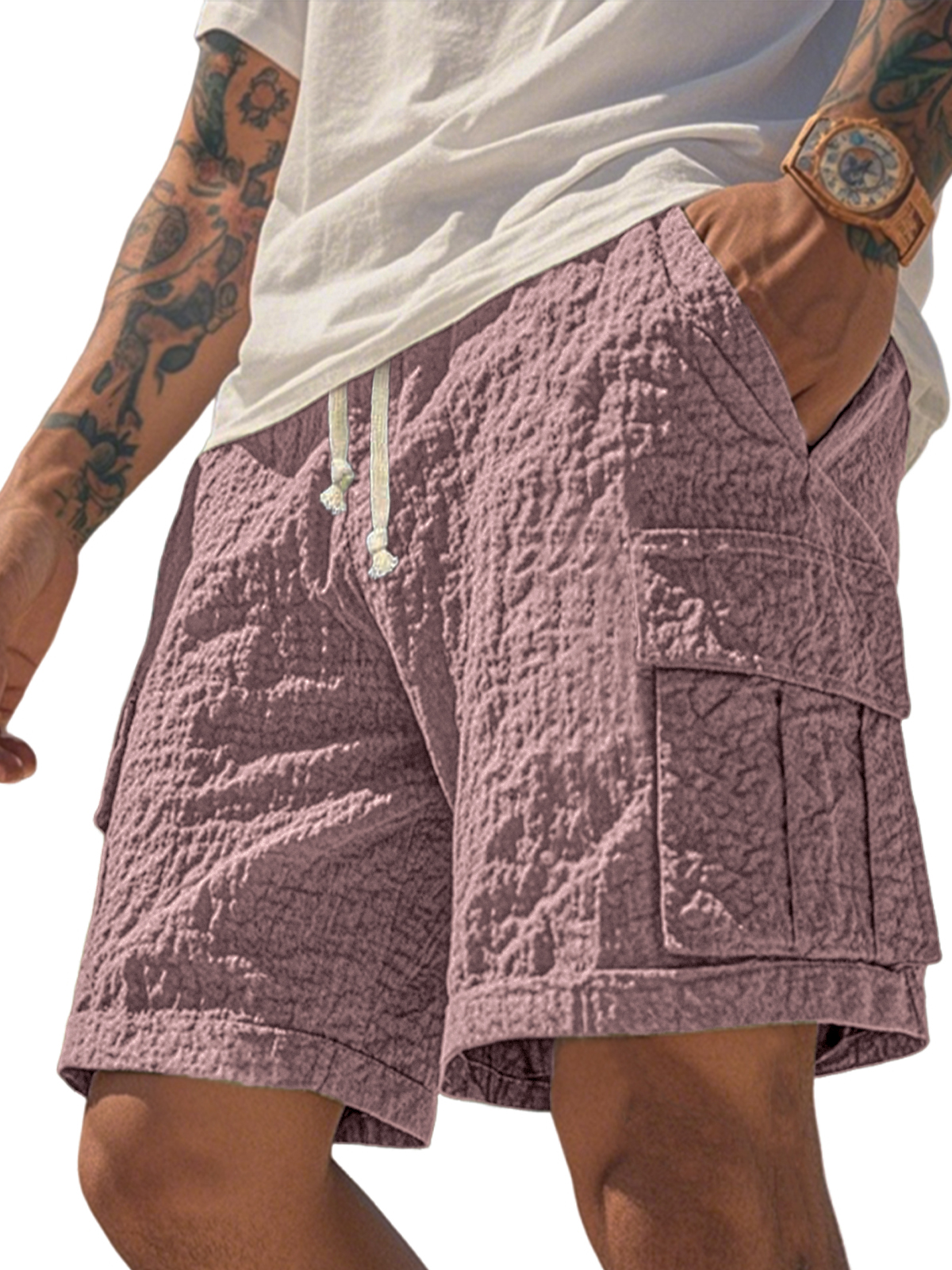 Men's Comfortable Seersucker Pleated Multi-Pocket Cargo Shorts Textured Casual Loose Casual Shorts