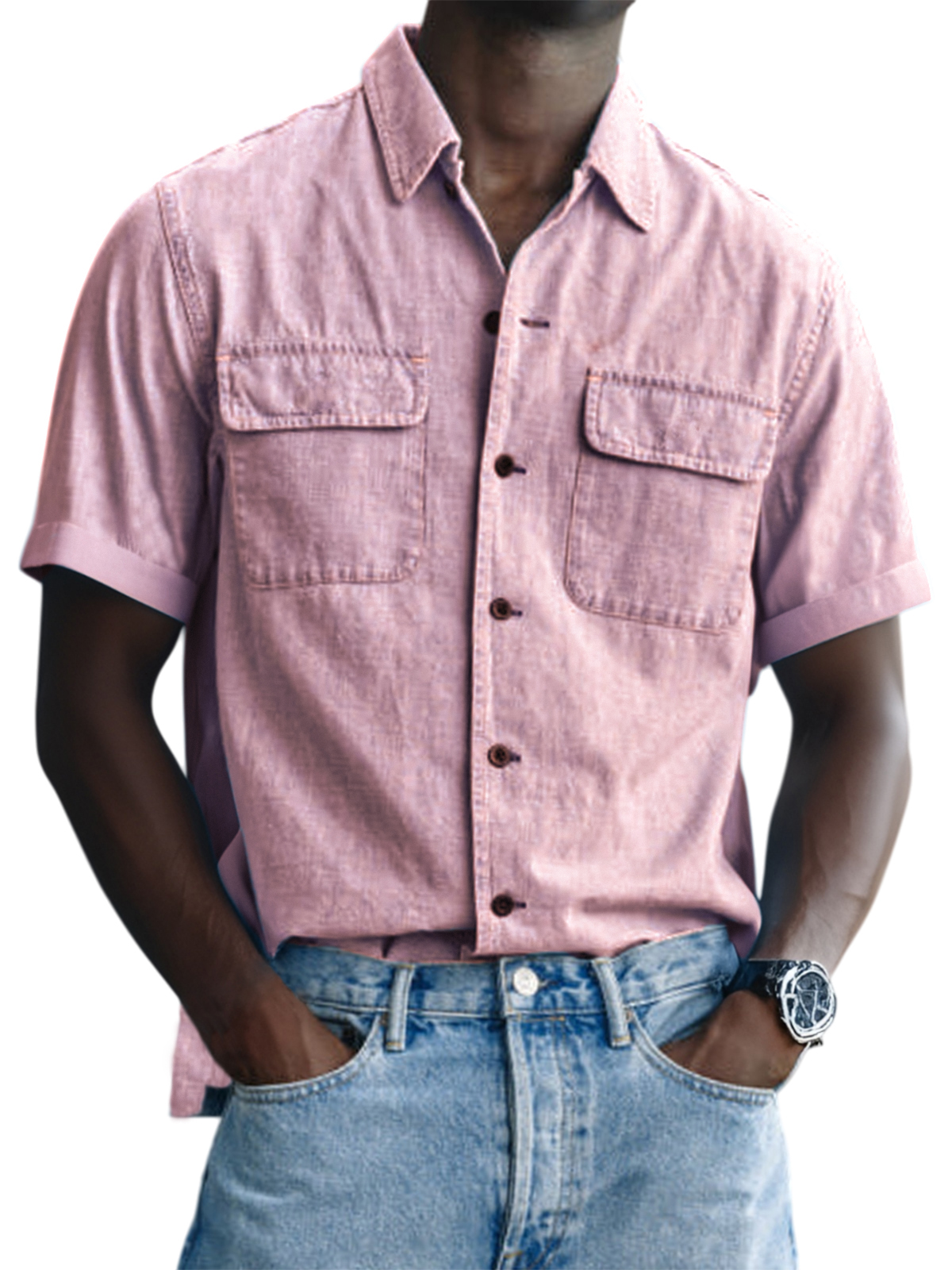 Men's Vintage Utility Double Pocket Button Down Short Sleeve Shirt