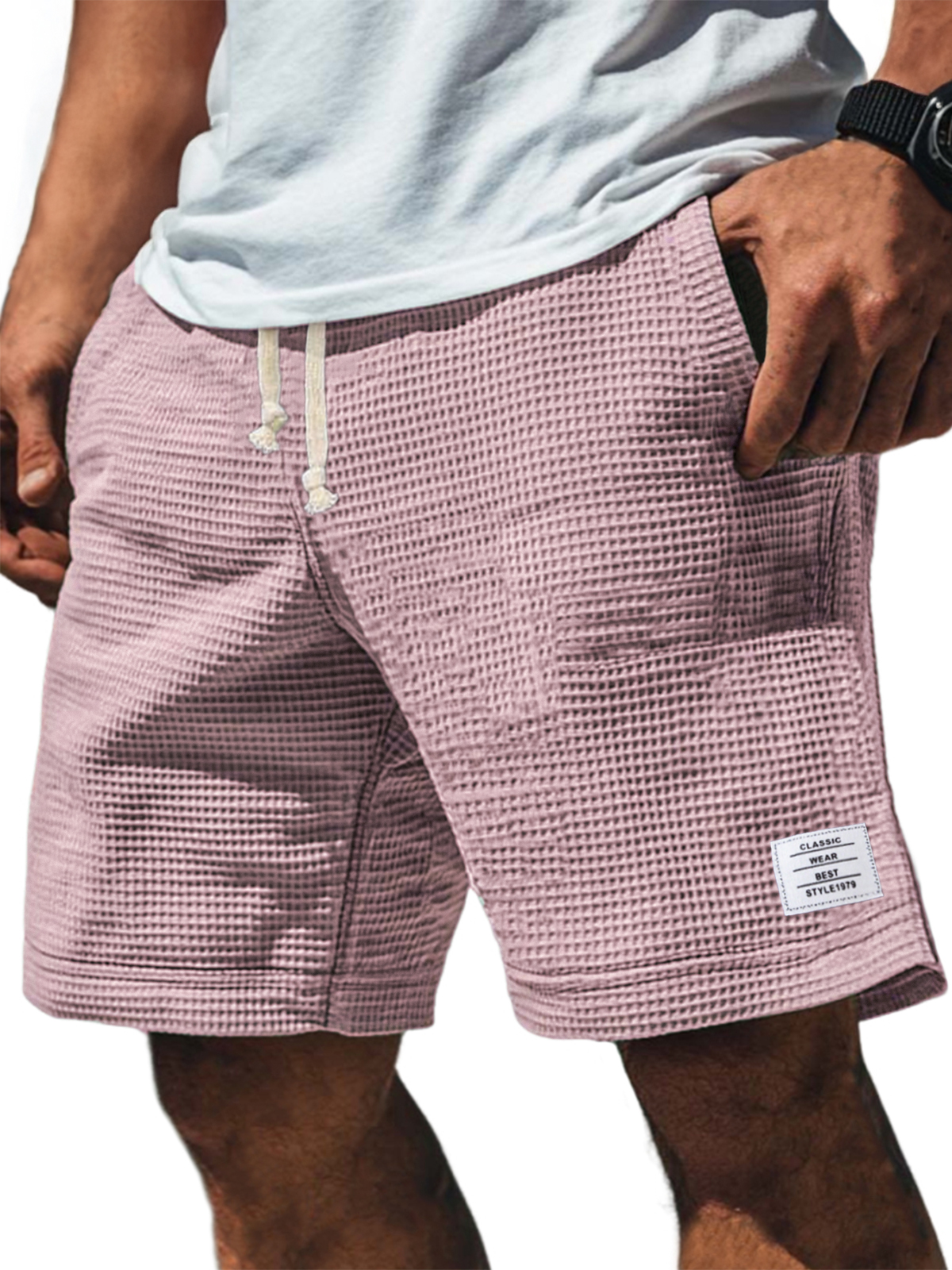 Men's Soft Waffle Simple Embroidered Logo Stylish Lace Up Everyday Casual Shorts