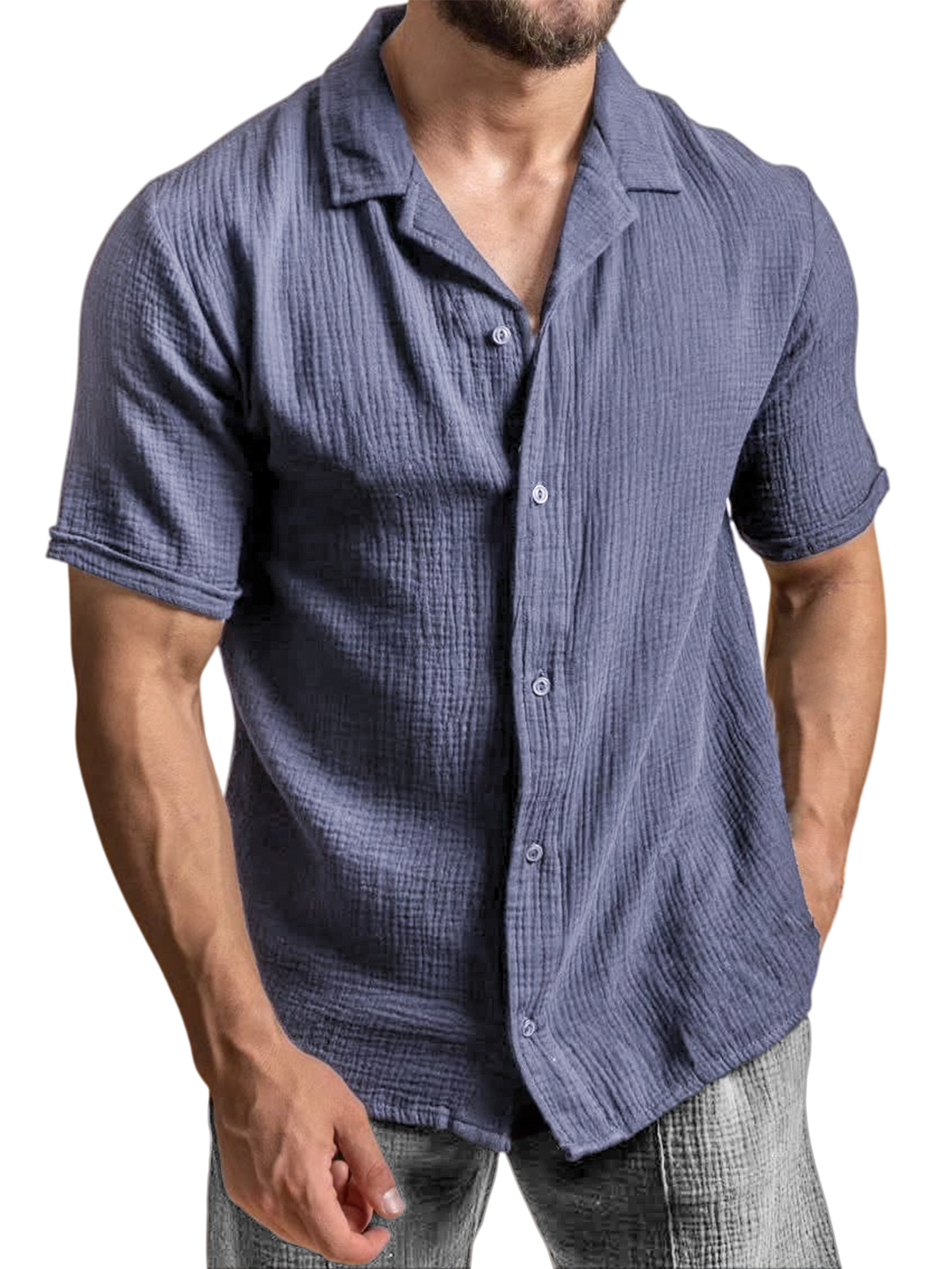 Men's Casual Camp Collar Crepe Button Short Sleeve Shirt