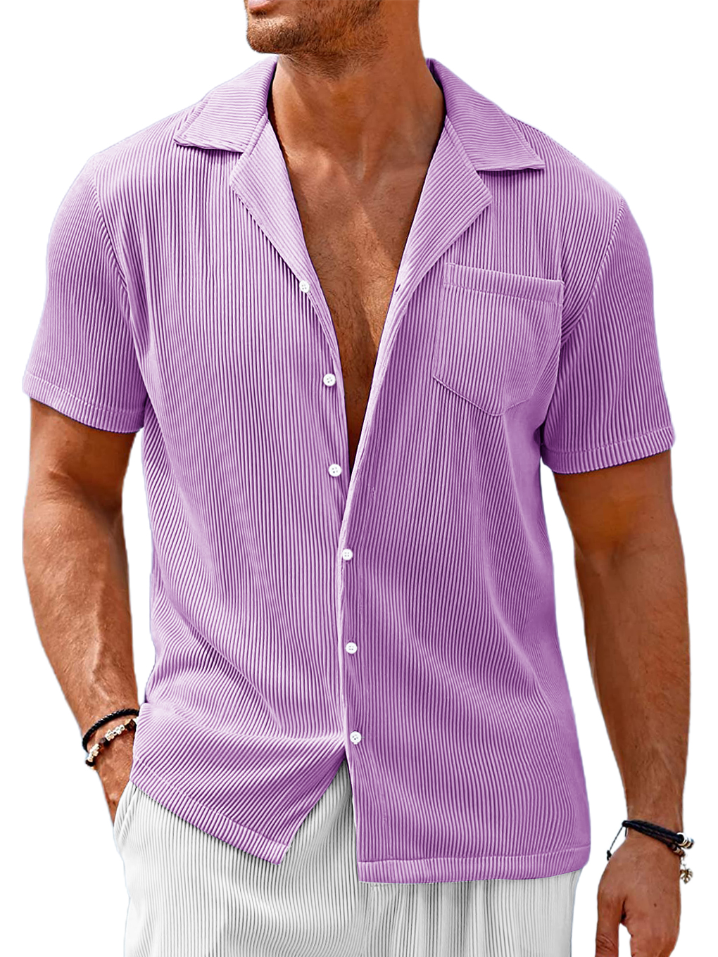 Men's Cuban Collar Pocket Solid Color Vertical Striped Pocket Short-sleeved Shirt