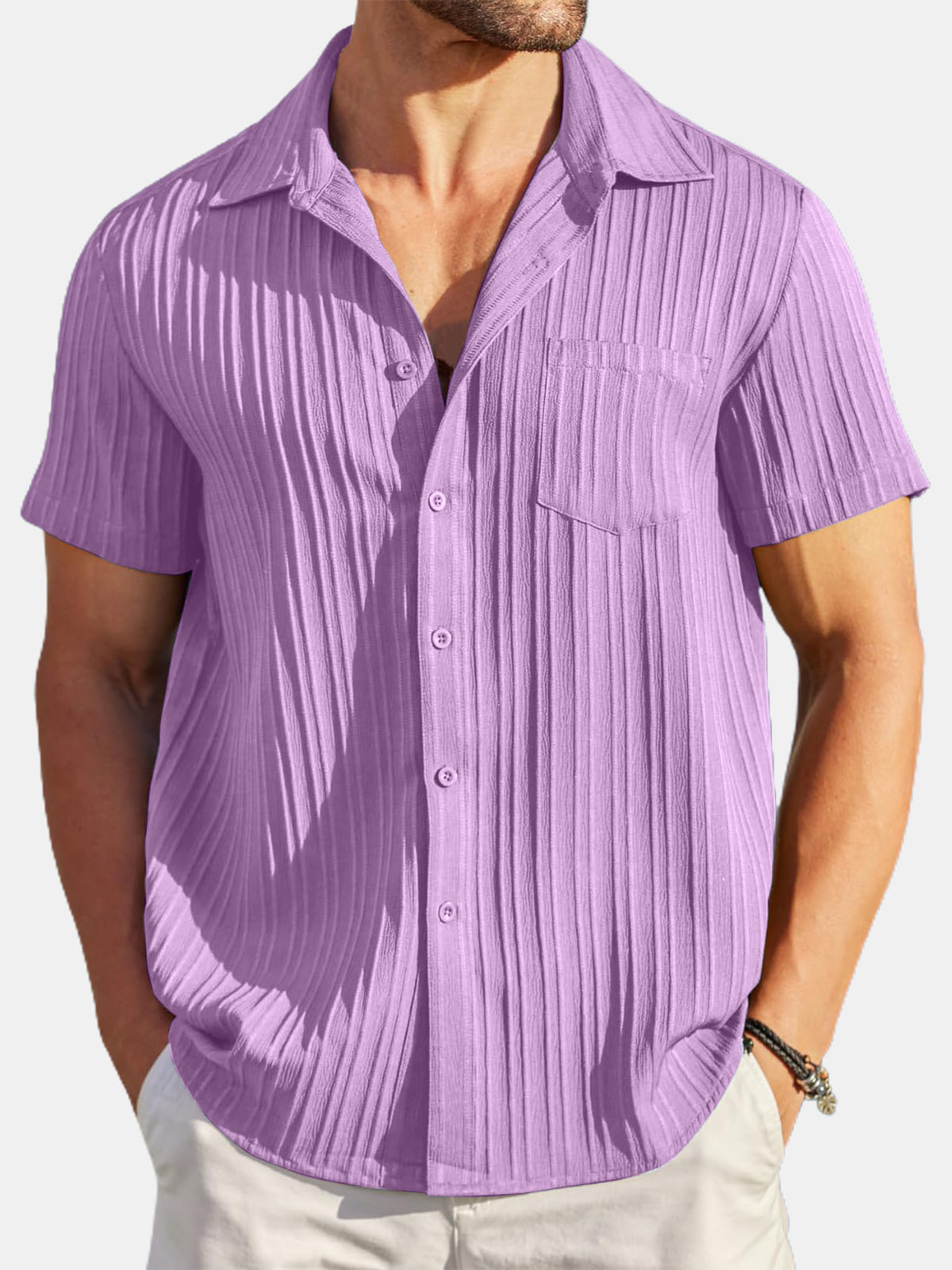 Men's Striped Texture Cotton And Linen Simple Casual Pocket Short-sleeved Shirt