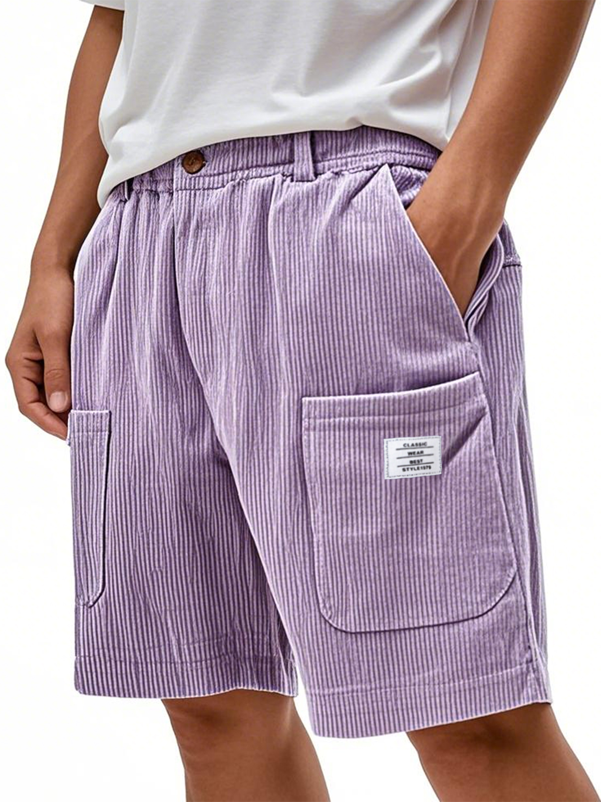 Men's Multi-Pocket Corduroy British Style Loose Shorts with Embroidered Logo Bermuda Fashion Button Up Pants