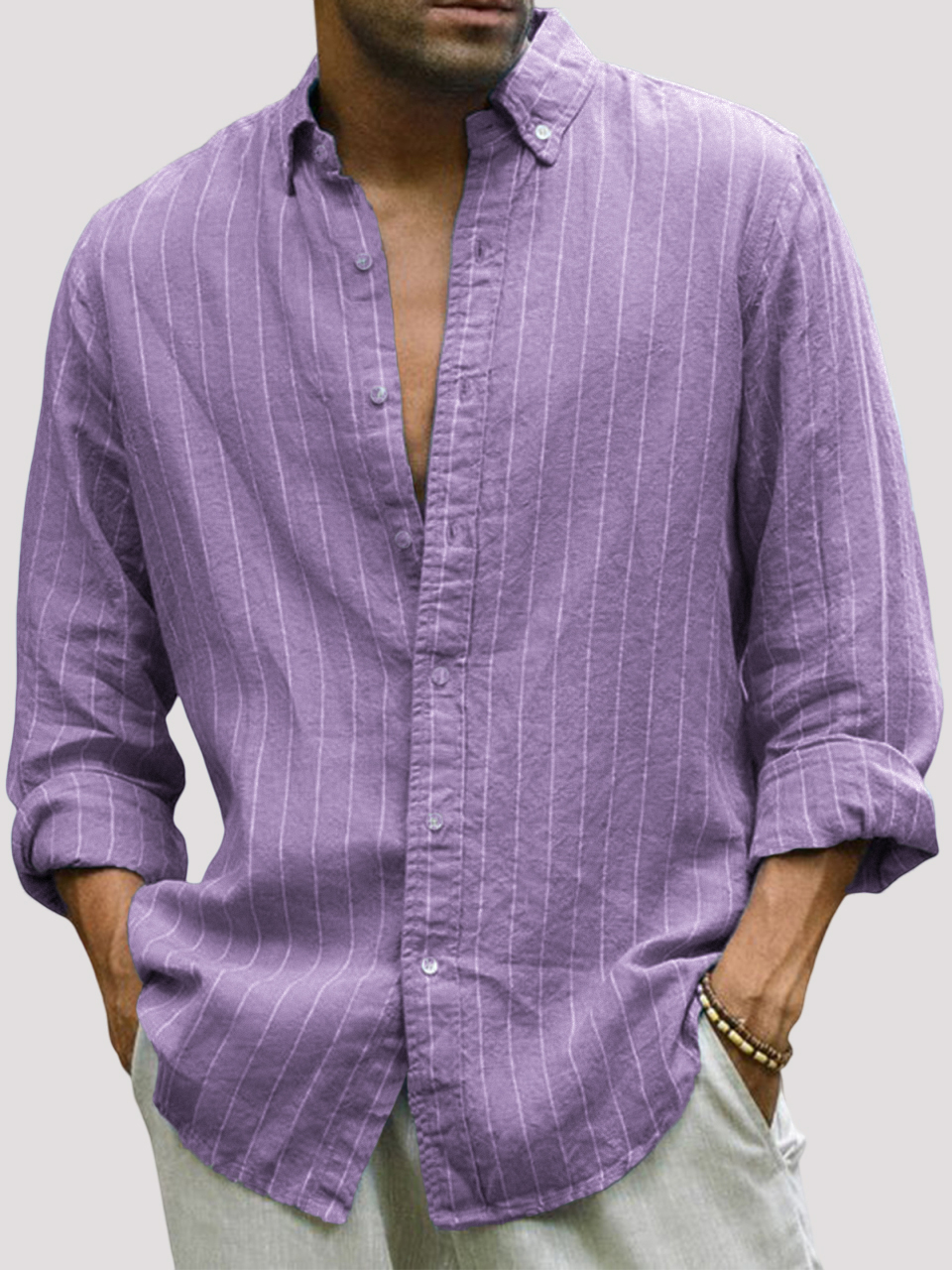 Men's Casual Cotton Striped Basic Solid Color Lapel Long Sleeve Shirt