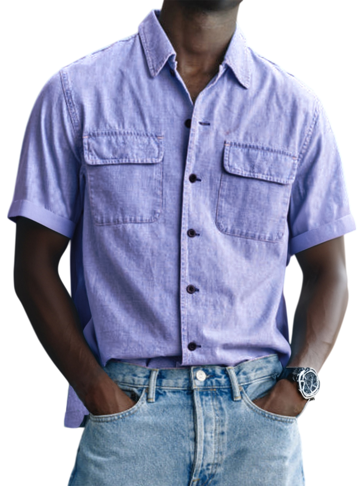Men's Vintage Utility Double Pocket Button Down Short Sleeve Shirt