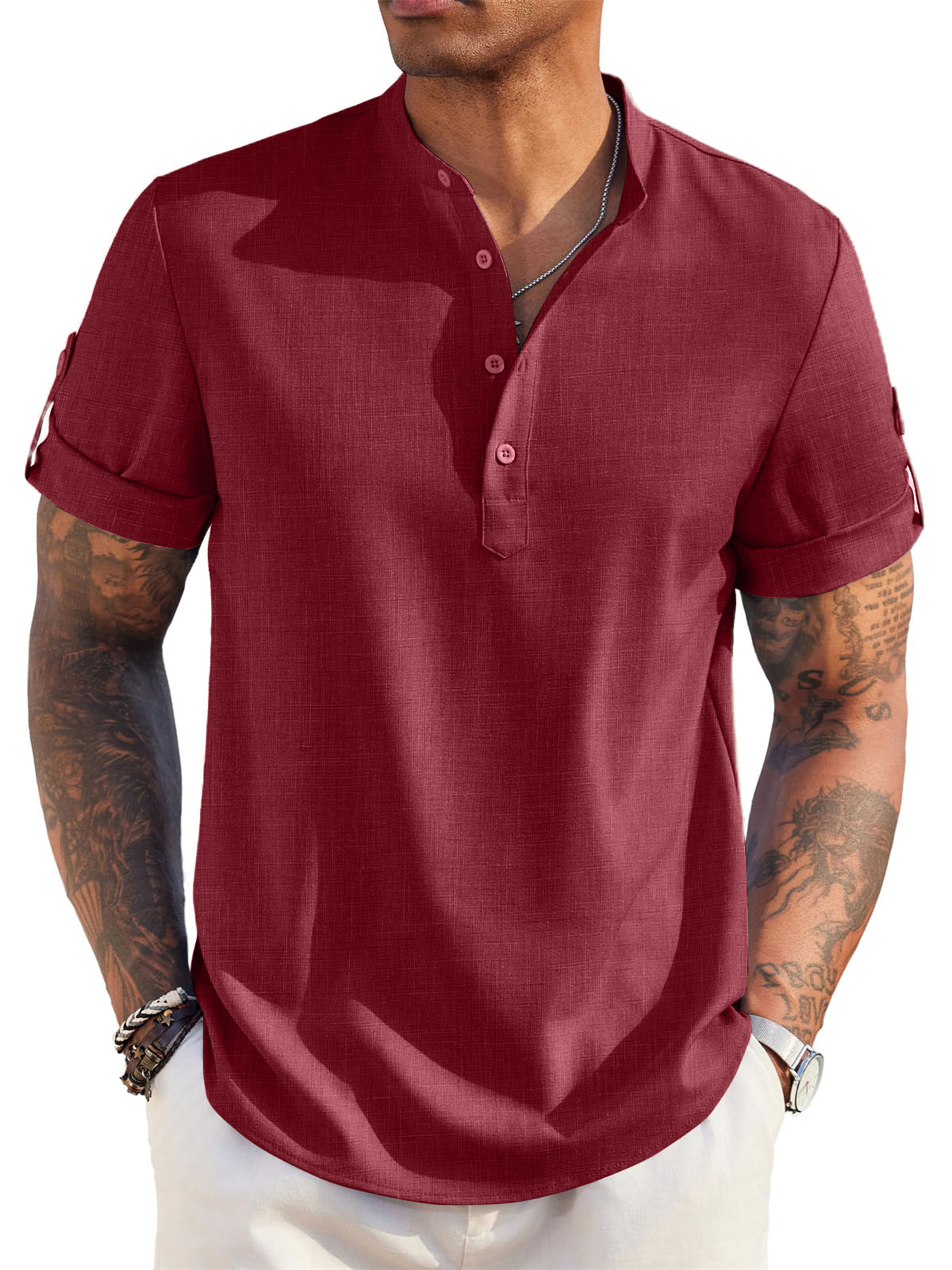 Men's Cotton And Linen Stand Collar Basic Casual Short-sleeved Shirt