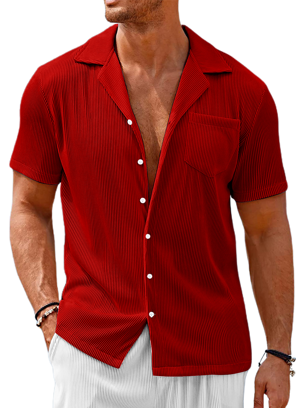 Men's Cuban Collar Pocket Solid Color Vertical Striped Pocket Short-sleeved Shirt