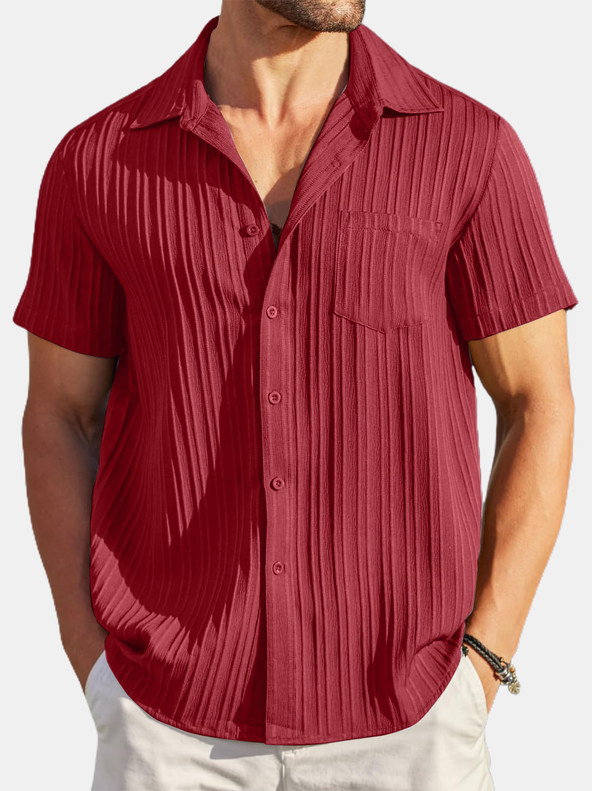Men's Striped Texture Cotton And Linen Simple Casual Pocket Short-sleeved Shirt